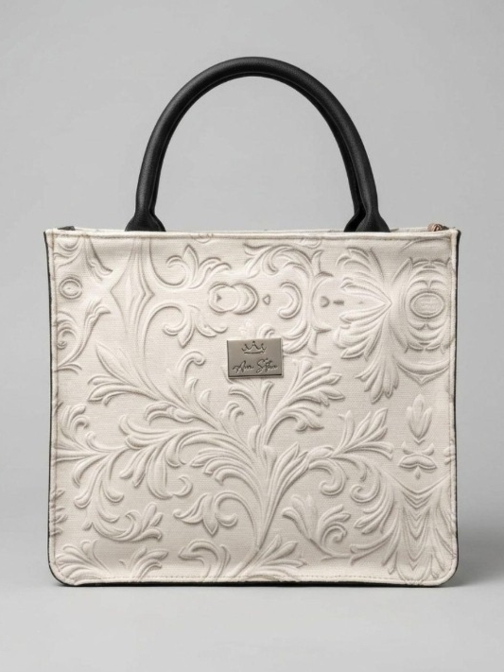 Cream Embossed Tote with Black Handles